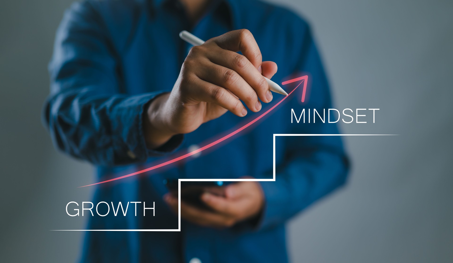 Personal Growth Concept. Unrecognizable Businessman Drawing Arrow Up From Word Growth To Mindset Over Black Background. Collage, Cropped